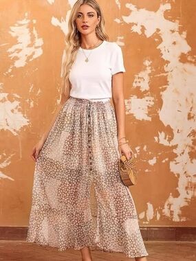 Boho Sheer Floral Maxi Skirt in Beige
